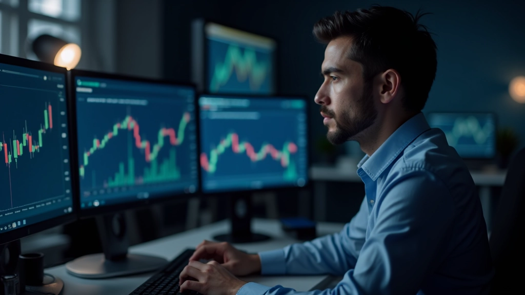 Trader analisando padrões de candlesticks em monitor múltiplo com gráficos